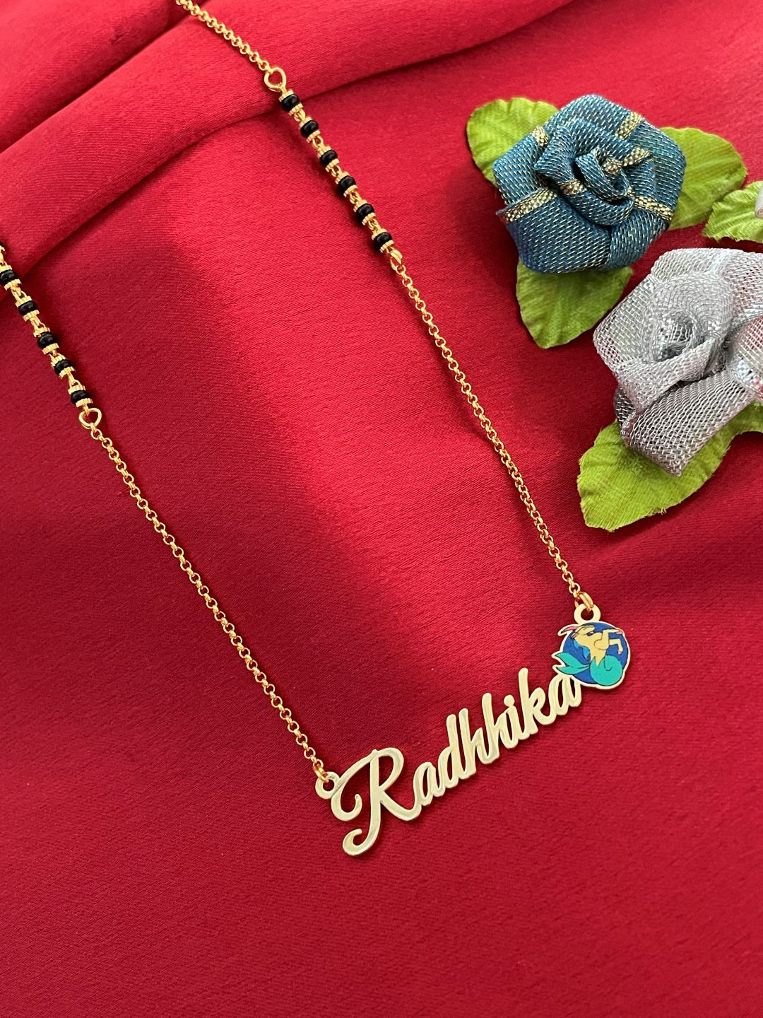 Zodiac Logo Pendant 24k Gold Plated Enamel Custom Name With Short Mangalsutra/Gold Chain