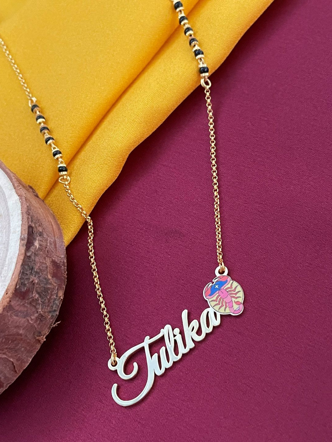 Zodiac Logo Pendant 24k Gold Plated Enamel Custom Name With Short Mangalsutra/Gold Chain