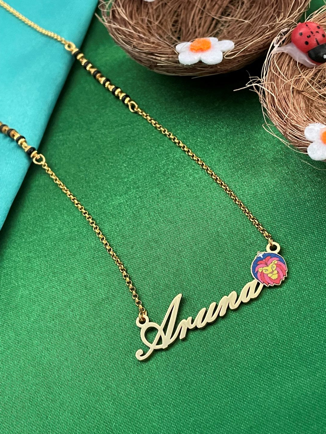 Zodiac Logo Pendant 24k Gold Plated Enamel Custom Name With Short Mangalsutra/Gold Chain