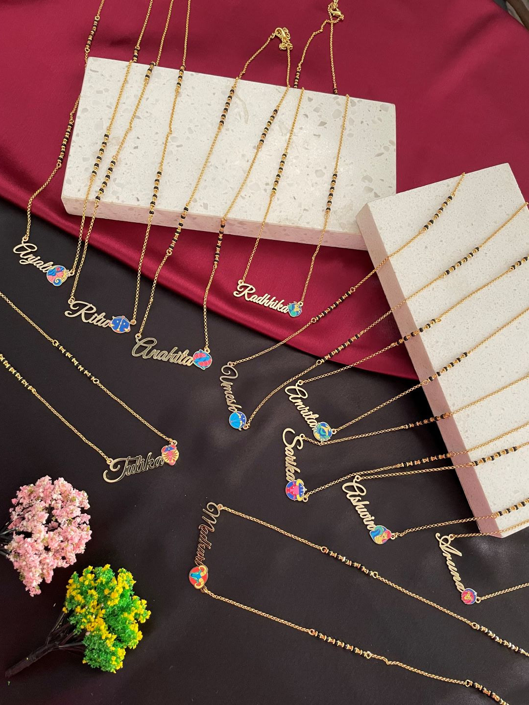 Zodiac Logo Pendant 24k Gold Plated Enamel Custom Name With Short Mangalsutra/Gold Chain