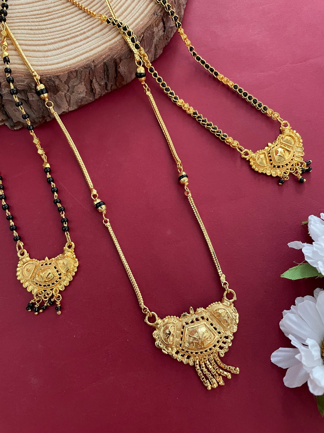Combo Offer (Set of 3) Gold-Plated Black Beads Long | Short Gold Pendant Mangalsutra Necklace