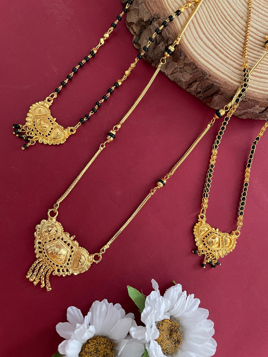 Combo Offer (Set of 3) Gold-Plated Black Beads Long | Short Gold Pendant Mangalsutra Necklace