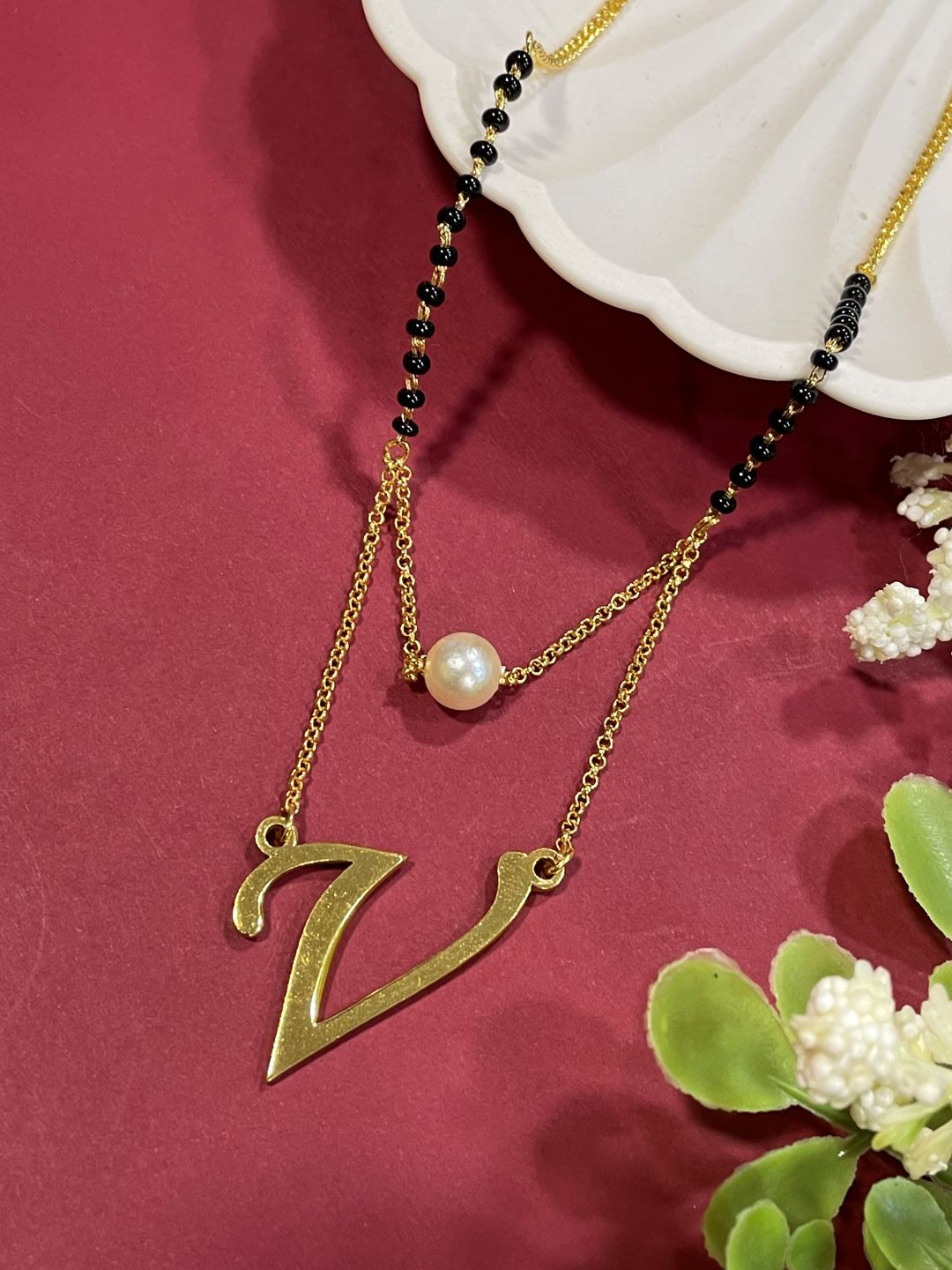 Personalized One Initial Pendent Mangalsutra (20 inch) | Short Mangalsutra With A Pearl