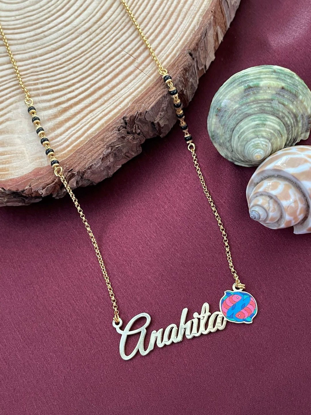 Zodiac Logo Pendant 24k Gold Plated Enamel Custom Name With Short Mangalsutra/Gold Chain