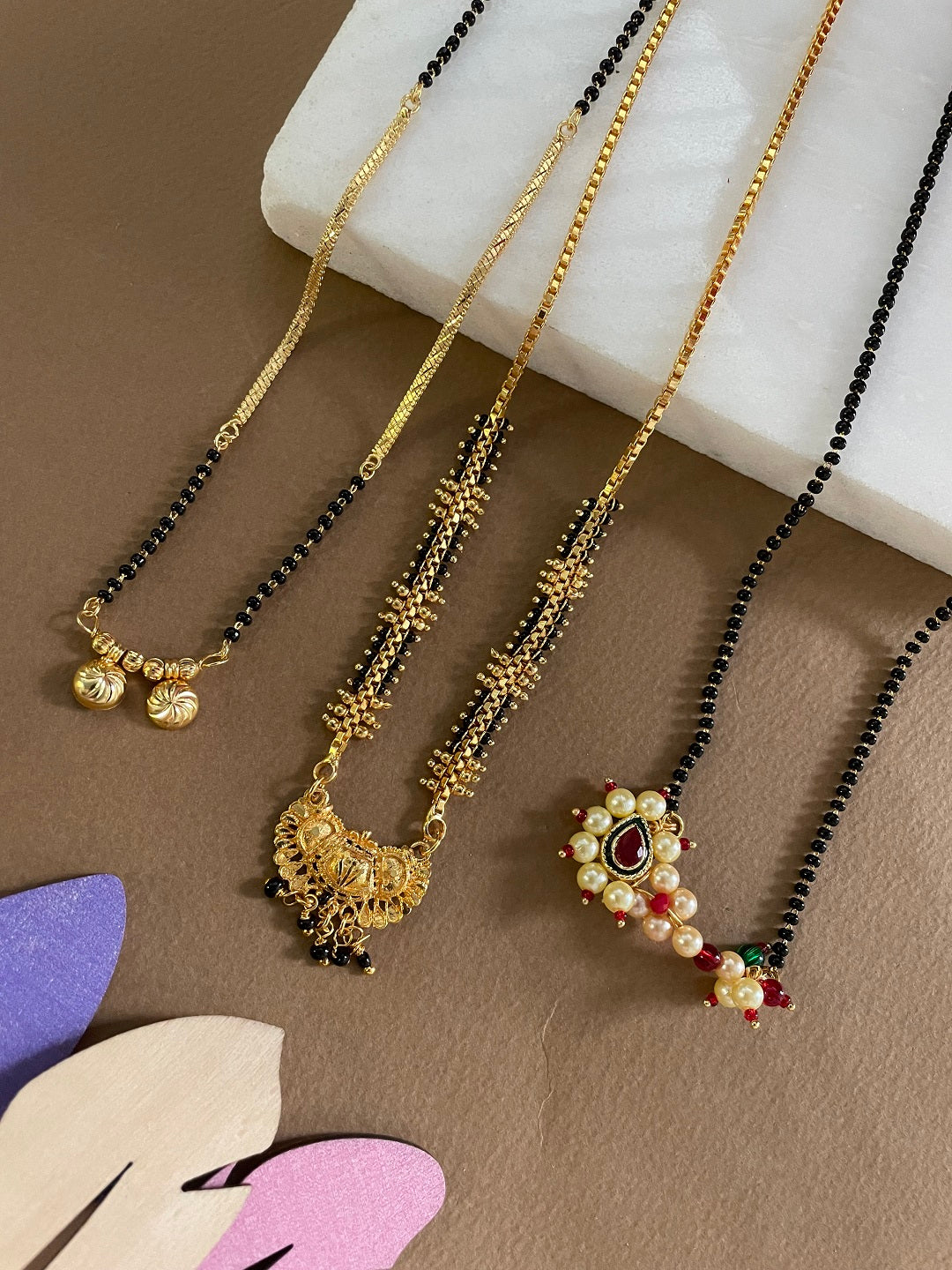 Combo Offer (Set of 3) Gold-Plated Black Beads Short 2 Vati Pendant Mangalsutra | Gold | Nath Pendant Necklace