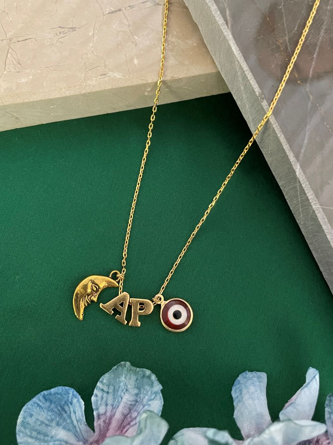 Crescent Moon Name Necklace With Evil Eye