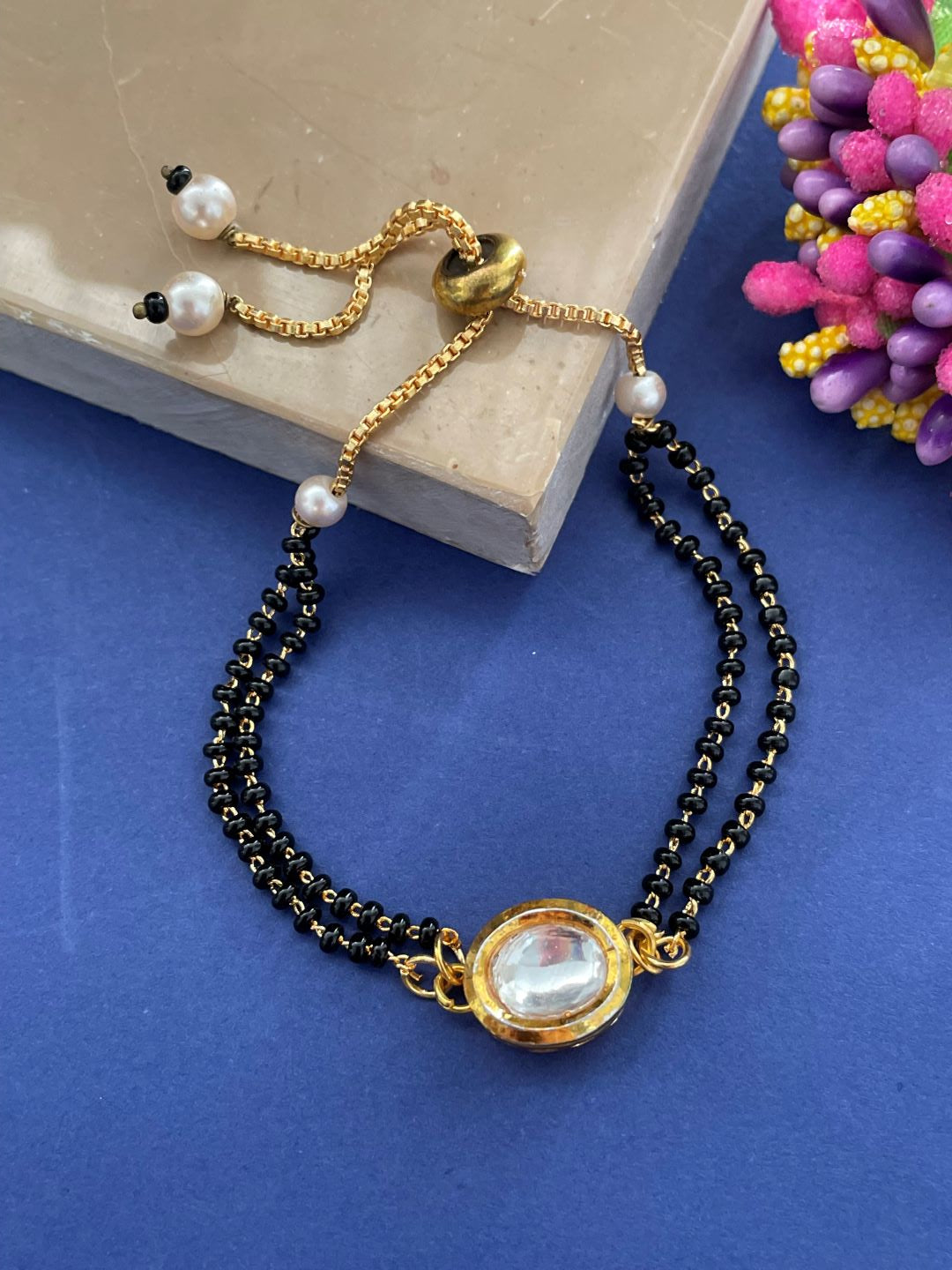 Gold Plated kundan Polki Charm Adjustable Mangalsutra Bracelet