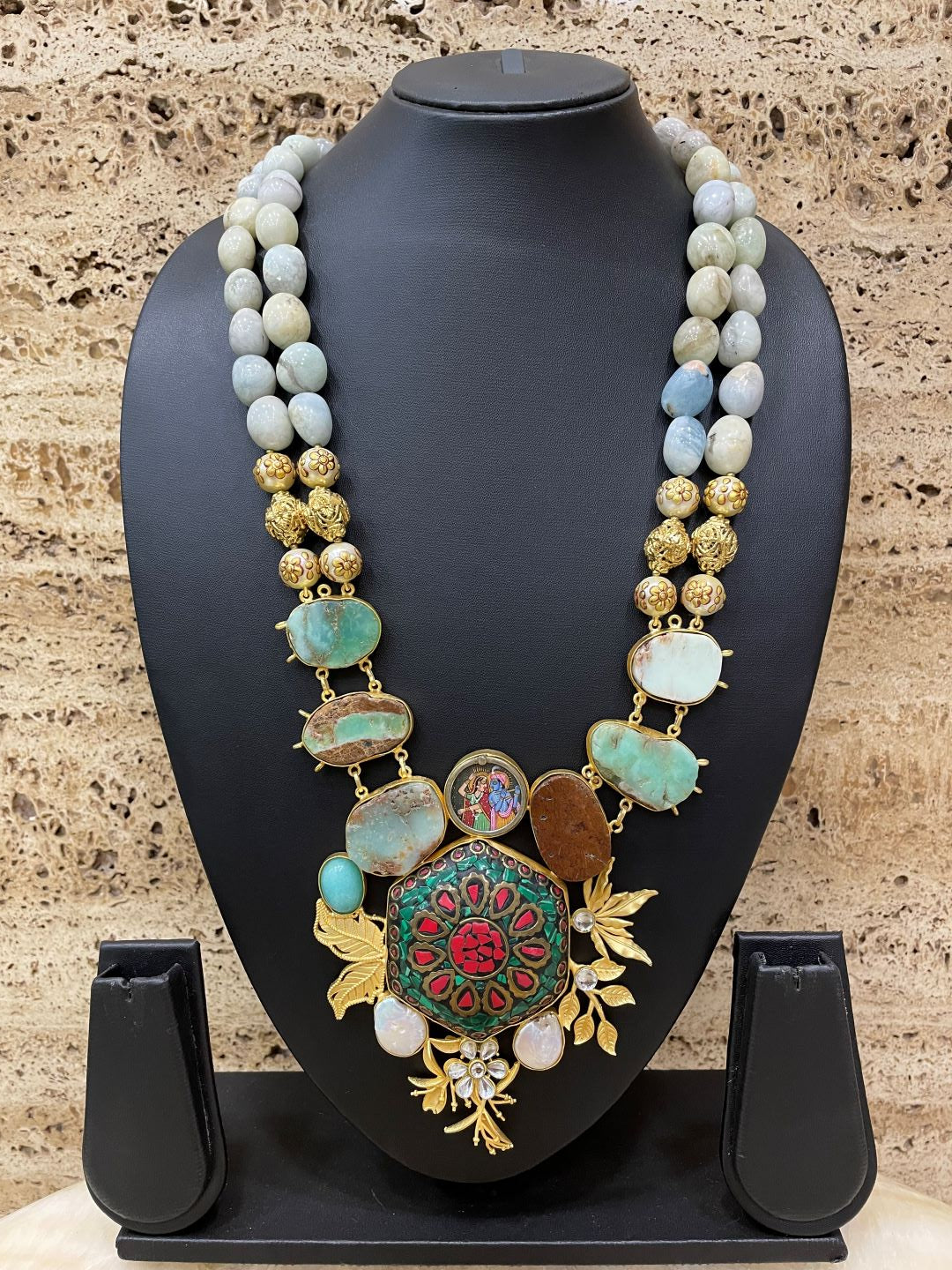 Unique Handmade Tibetan Gold Plated Necklace with Radha Krishna ,Pearls, Moonstone And Tiger Eye Semi Precious Stones