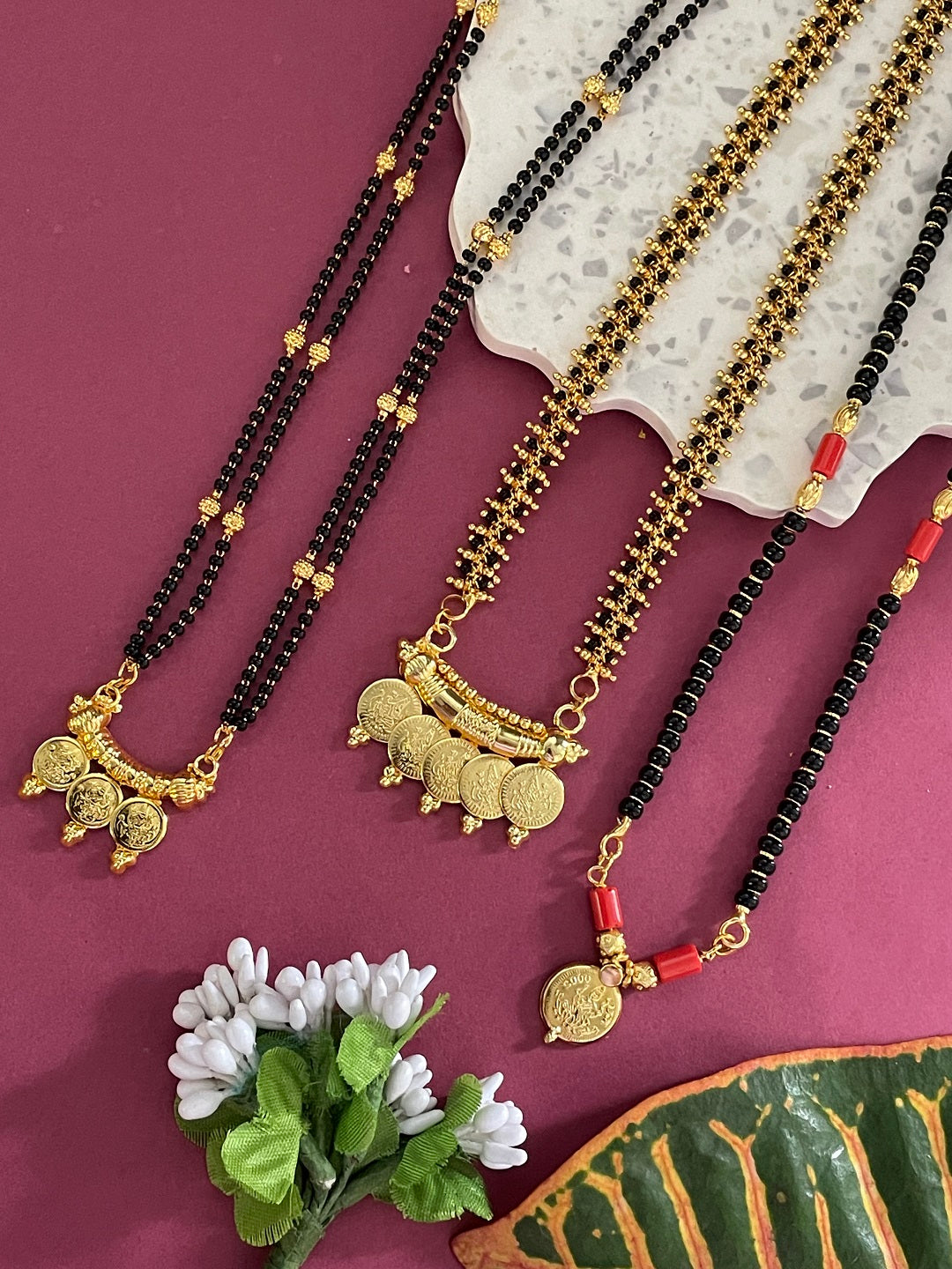 Combo Offer (Set of 3) Gold-Plated Black Beads Long Mangalsutra Lakshmi (Laxmi) Coin Pendant Necklace