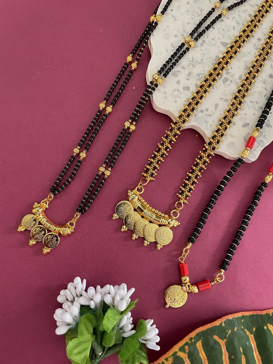 Combo Offer (Set of 3) Gold-Plated Black Beads Long Mangalsutra Lakshmi (Laxmi) Coin Pendant Necklace