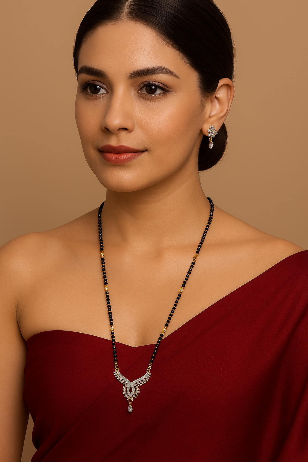 Gold Long Artificial American Diamond Mangalsutra Set Simple Modern Gold And Black Beads Chain