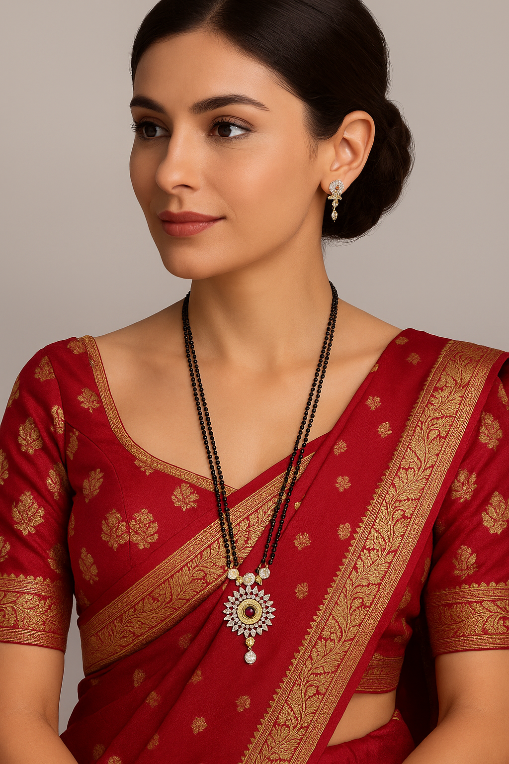 Long Mangalsutra Designs Gold Plated Latest American Diamond Floral Pendant 24 Inches Mangalsutra & Earrings