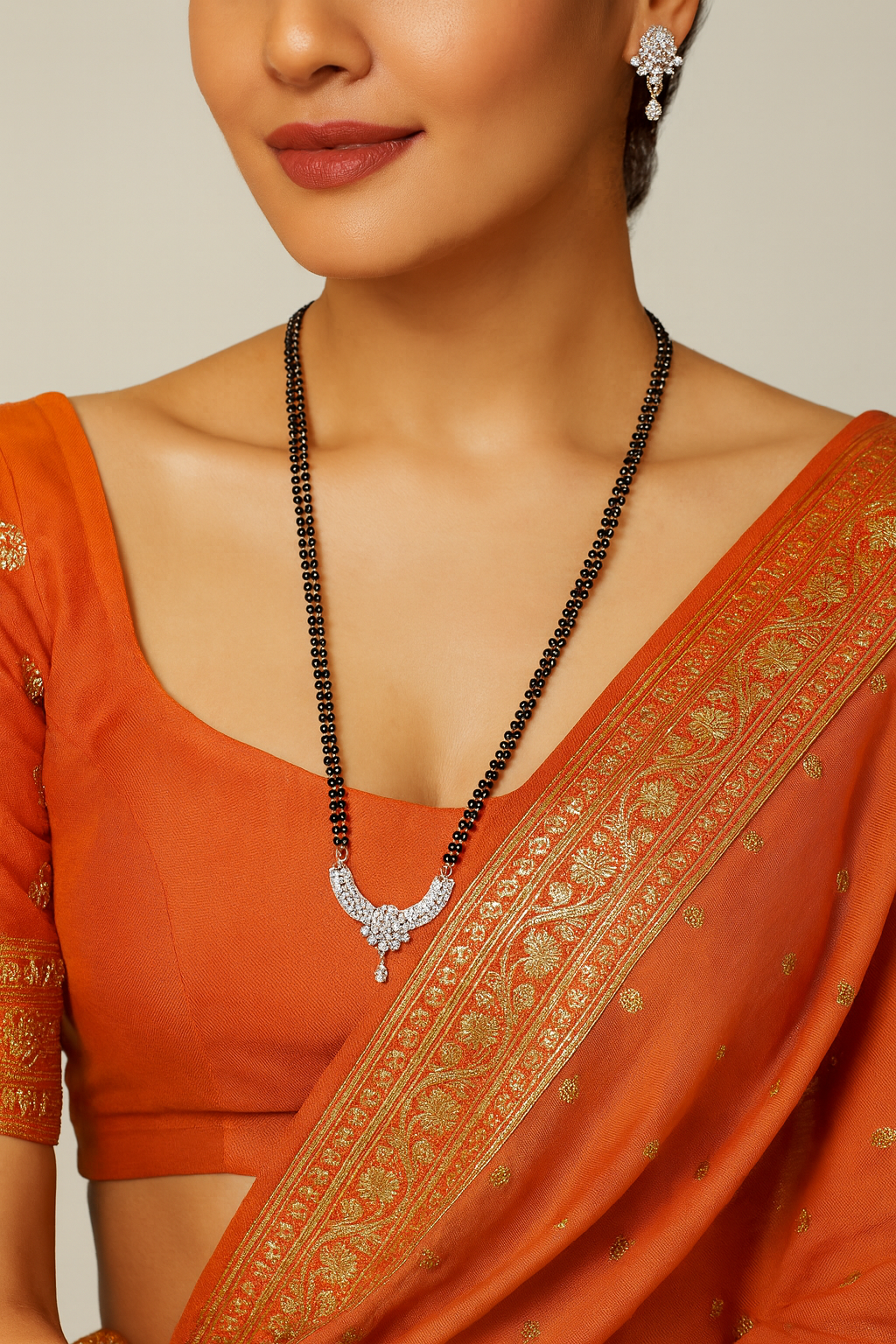 American Diamond Long Fancy Mangalsutra & Earrings