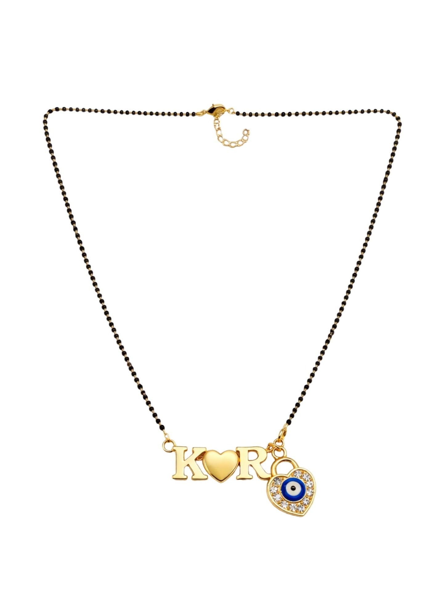 Custom 2 Initial Letter Short Mangalsutra Necklace With Heart & Blue American Diamond Evil Eye