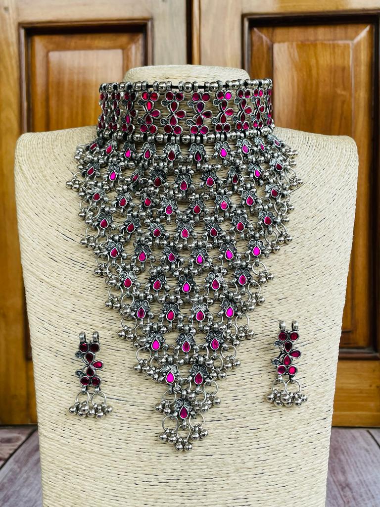 Masoom Minawala Oxidized Silver Afghani Choker and Earring Set