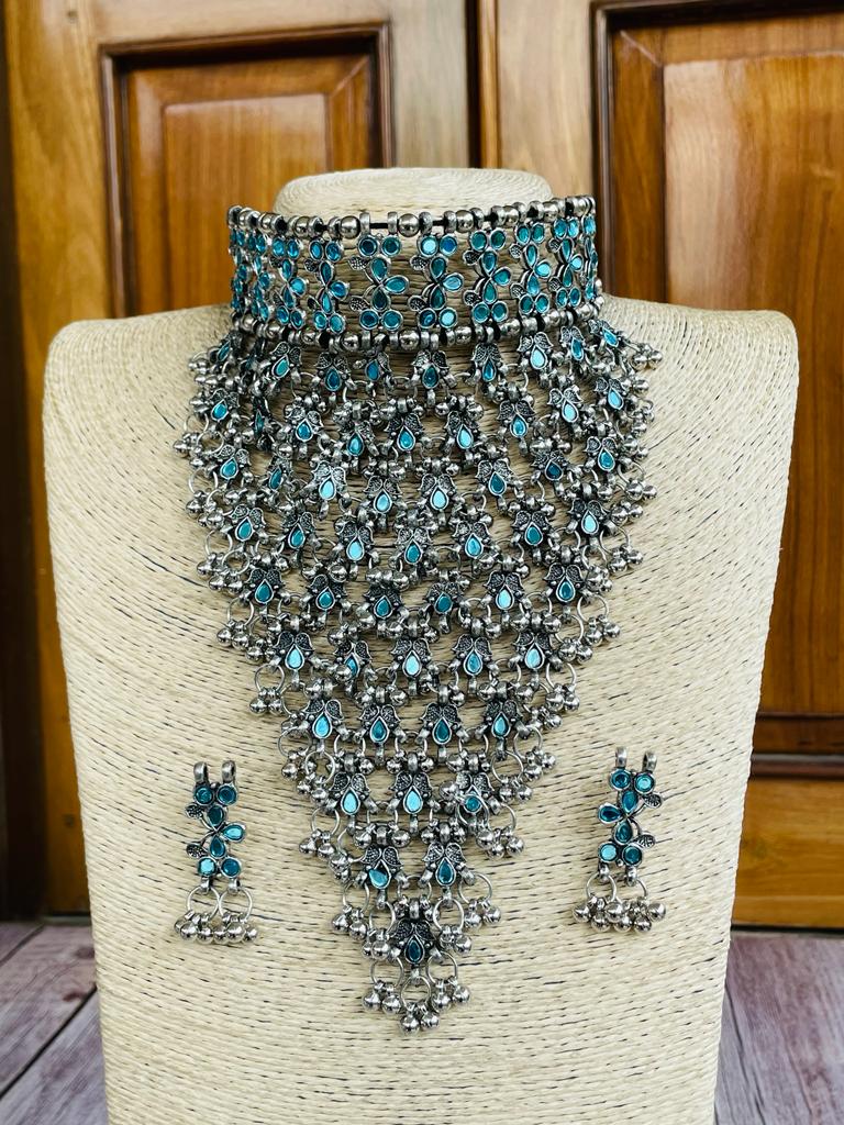 Masoom Minawala Oxidized Silver Afghani Choker and Earring Set