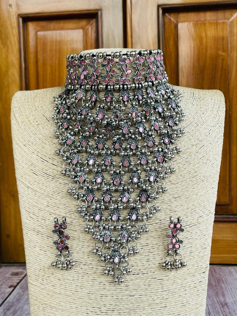 Masoom Minawala Oxidized Silver Afghani Choker and Earring Set
