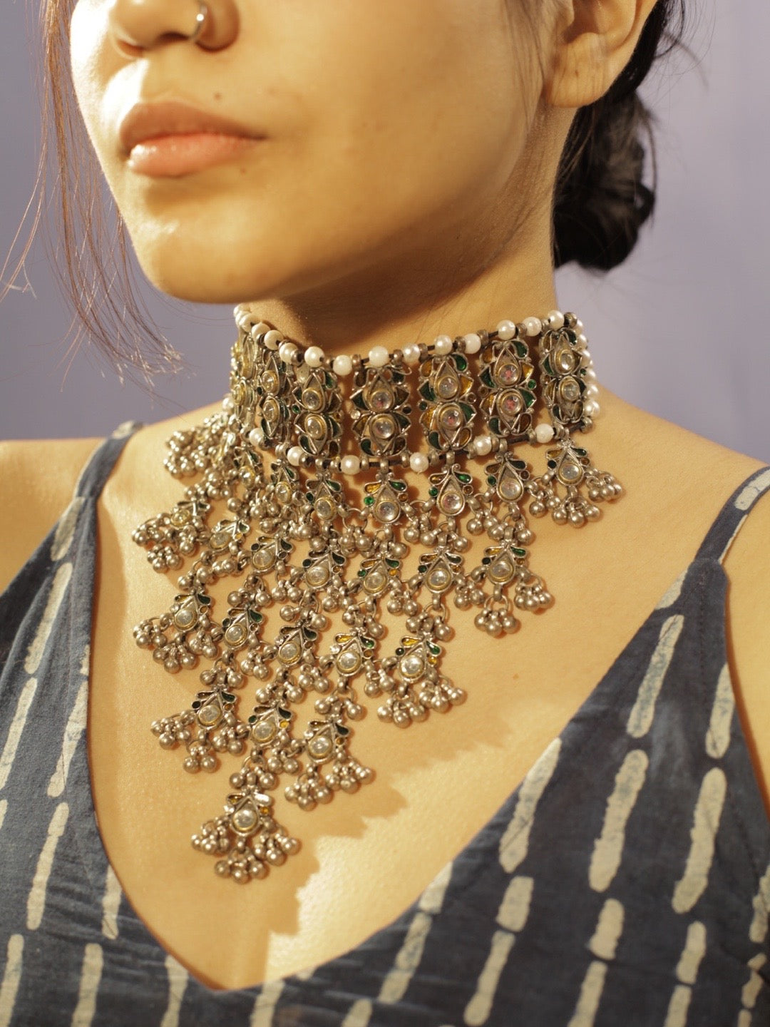 Masoom Minawala Oxidized Silver Afghani Choker and Earring Set