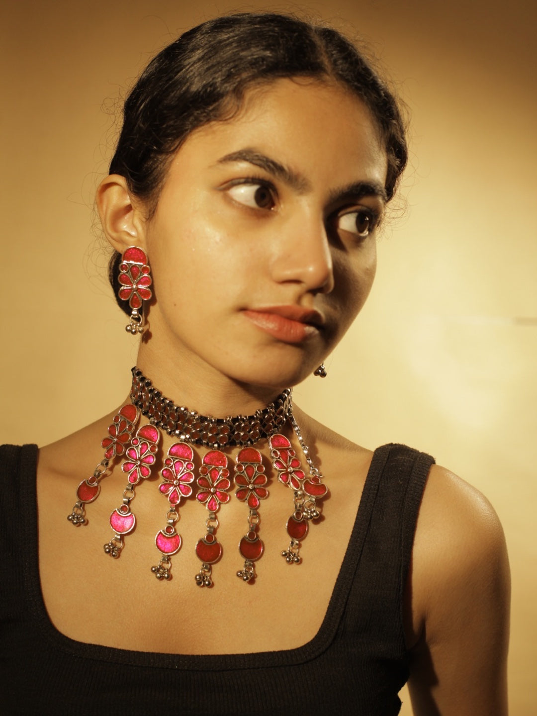 Oxidized Pink Choker Necklace & Earring Set