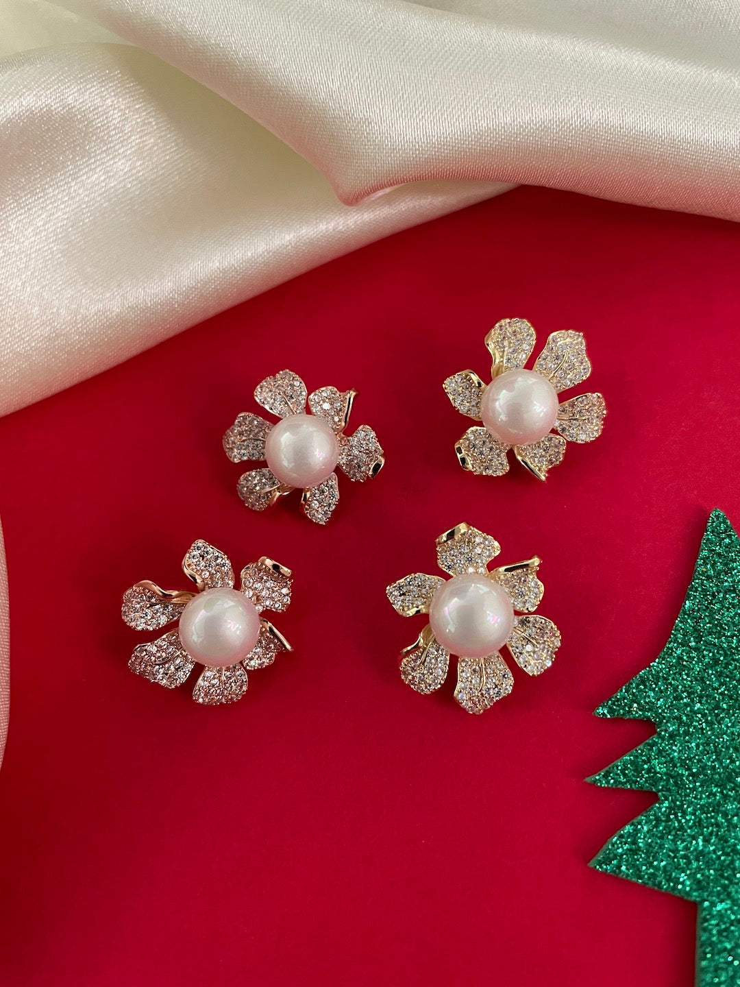 Pearl Flower Stud CZ Earrings