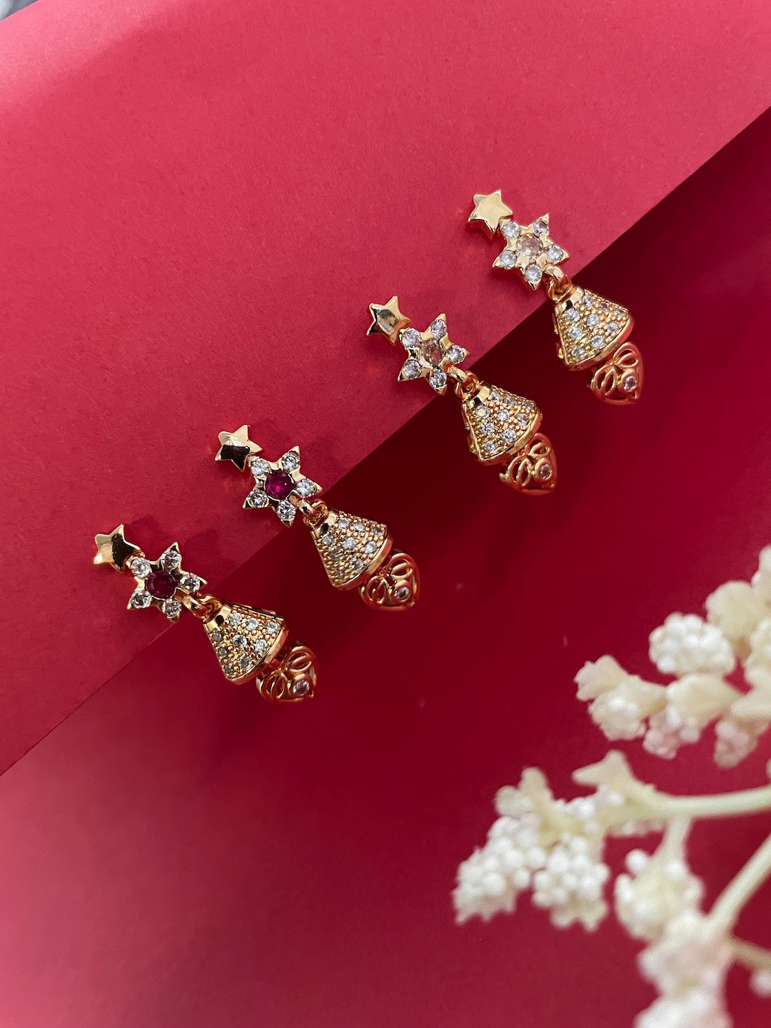 Limited Edition Gold Star Bell AD Jhumka Earrings Red Limited Edition Gold Star Bell AD Jhumka Earrings Red