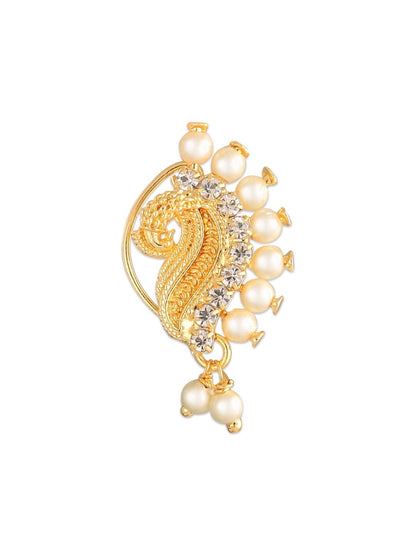 Gold Plated Maharashtrian Nath Nose Pin Gold Beads American Diamond Studded