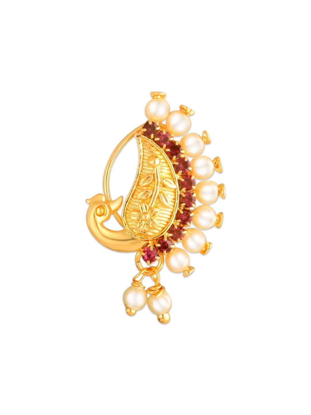 Gold Plated Maharashtrian Nath Peacock Design Nose Pin Red Colour with Pearls