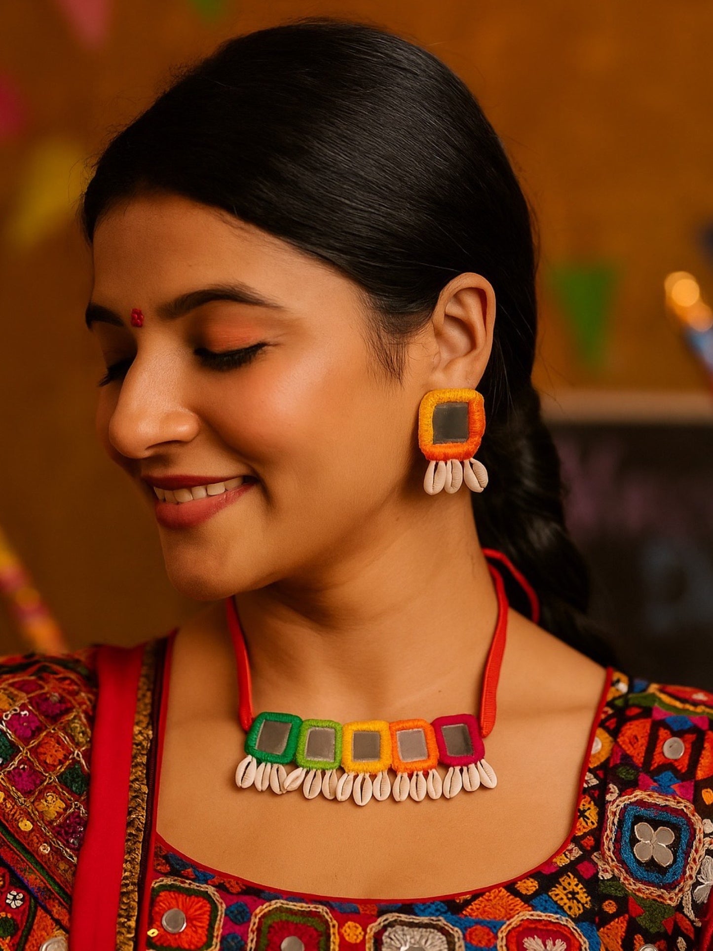 Multi-color Embroidery Mirror Work Banjara Choker Necklace & Earring Set With Sea Shells
