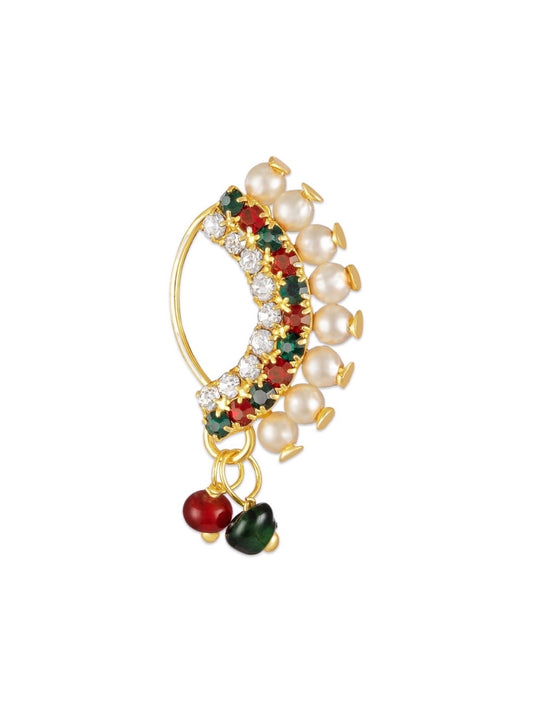 Gold Plated Maharashtrian Nath Nose Pin Red Green American Diamond Studded