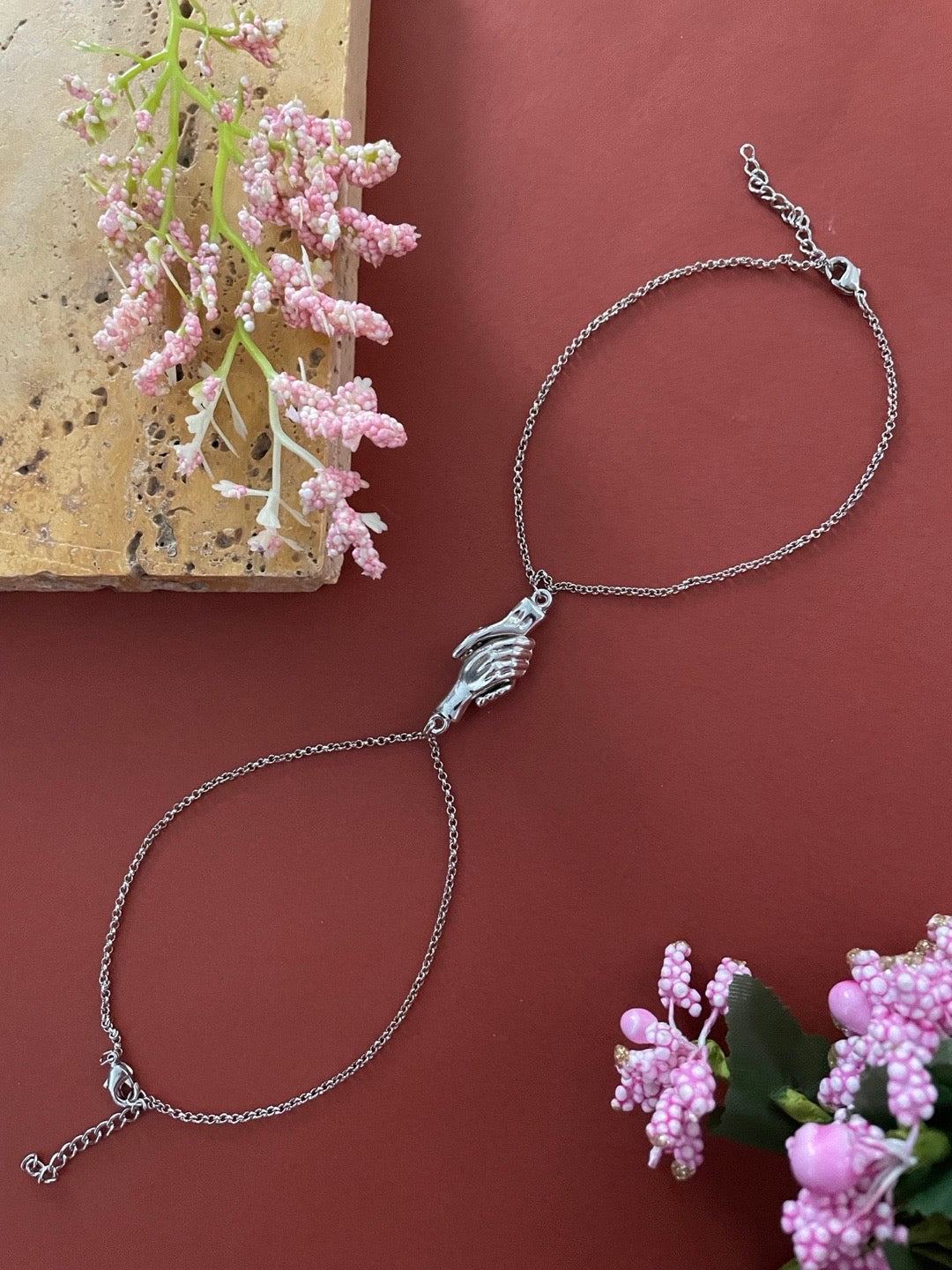 (Set of 2) Silver Plated Hand Holding Magnet Bracelets