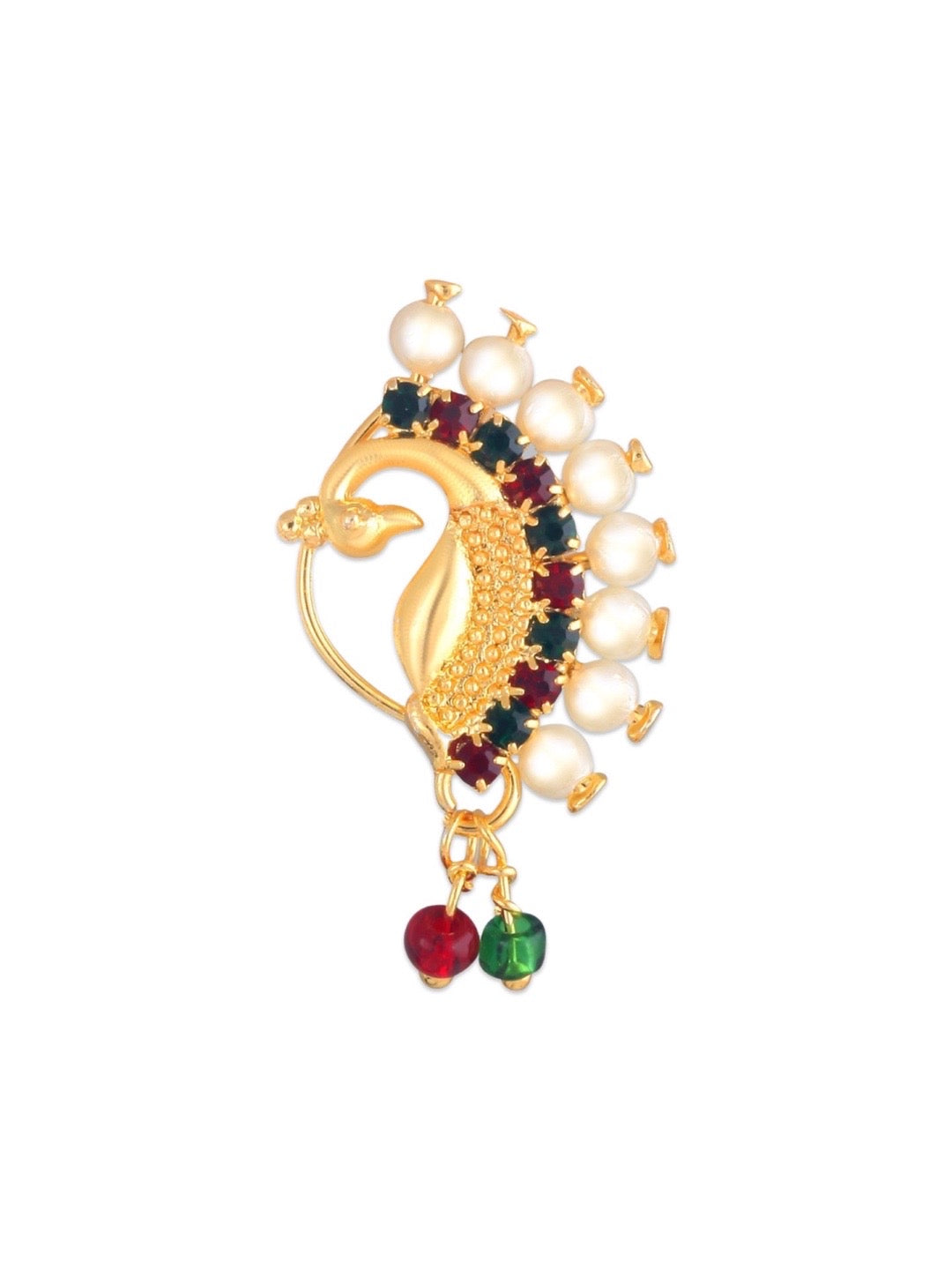 Maharashtrian Nath Gold Plated Peacock Design Nose Pin Red & Green Colour with Pearls