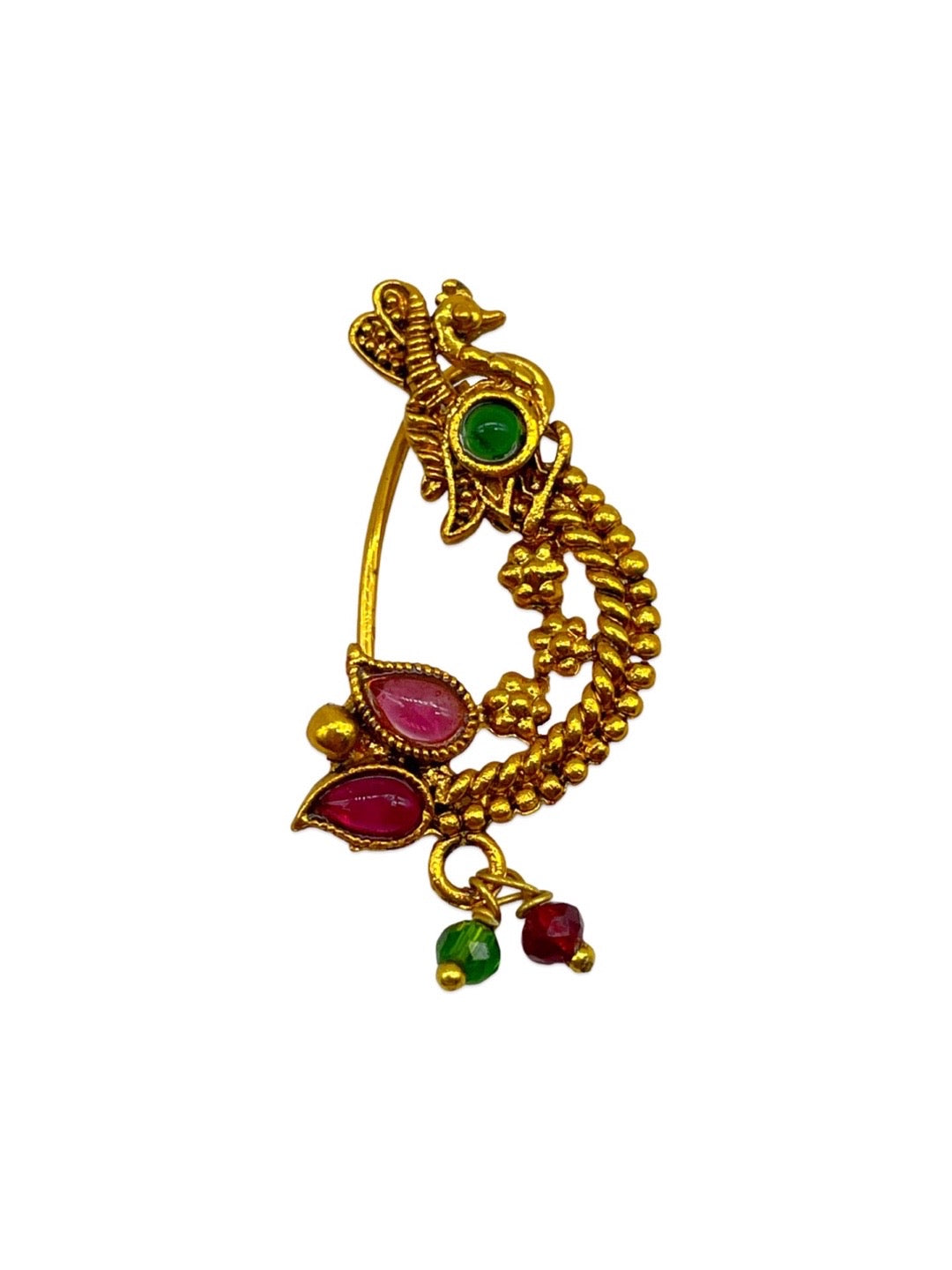Gold Plated Maharashtrian Nath Peacock & Floral Design Nose Pin Red & Green Colour with Pearls