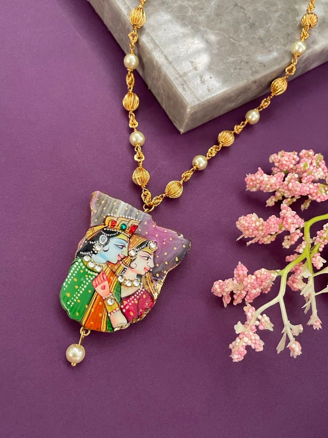 Unique Multi Color Hand-Painted Radha Krishna Pendent Necklace with Gold Beads & White Pearls