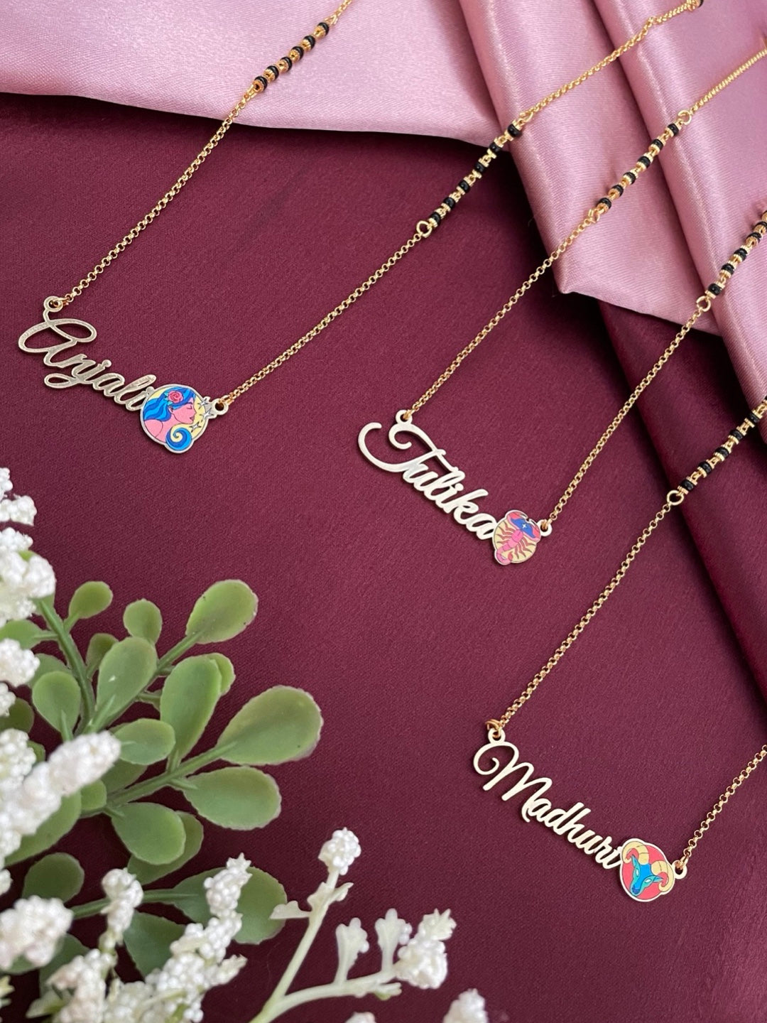Zodiac Logo Pendant 24k Gold Plated Enamel Custom Name With Short Mangalsutra/Gold Chain