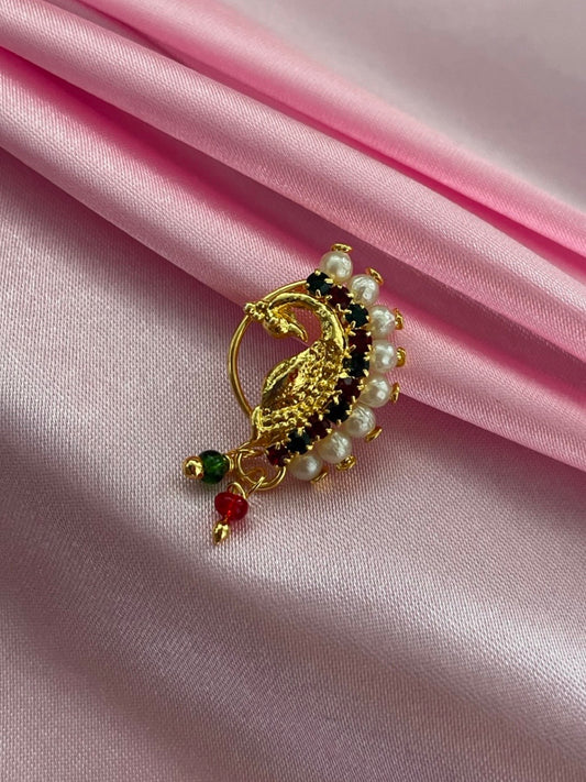 Maharashtrian Nath Gold Plated Peacock Design Nose Pin Red & Green Colour with Pearls