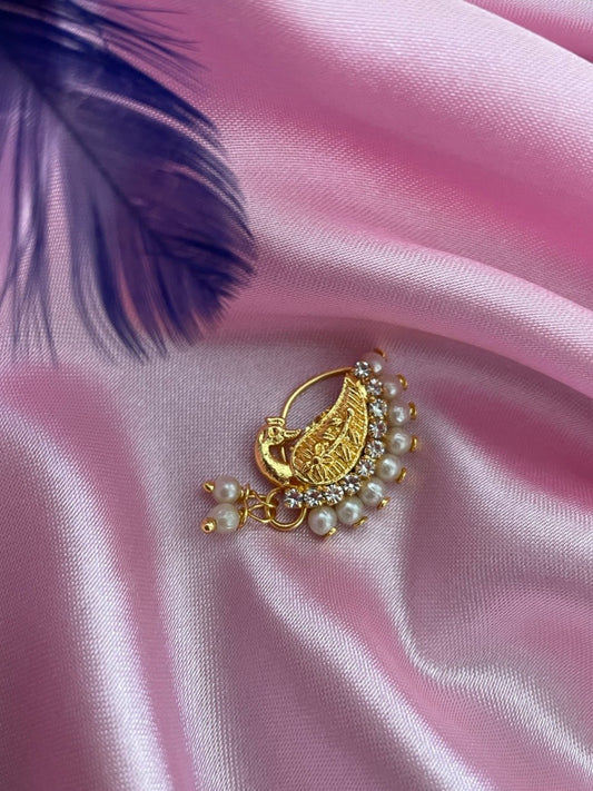 Gold Plated Maharashtrian Nath Peacock Design Nose Pin with Pearls