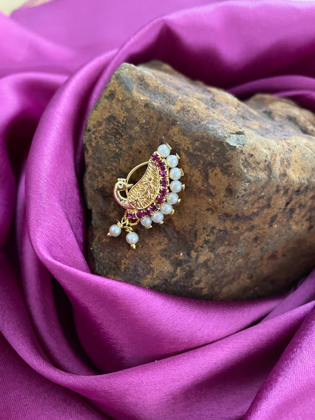 Gold Plated Maharashtrian Nath Peacock Design Nose Pin Red Colour with Pearls