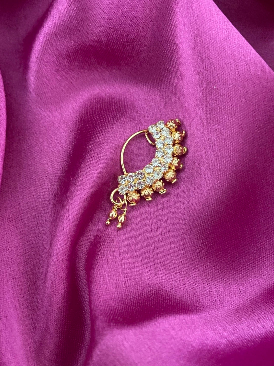 Gold Plated Maharashtrian Nath/Nose Pin Gold Beads American Diamond Studded