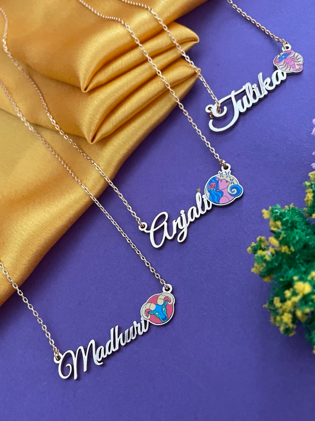 Zodiac Logo Pendant 24k Gold Plated Enamel Custom Name With Short Mangalsutra/Gold Chain