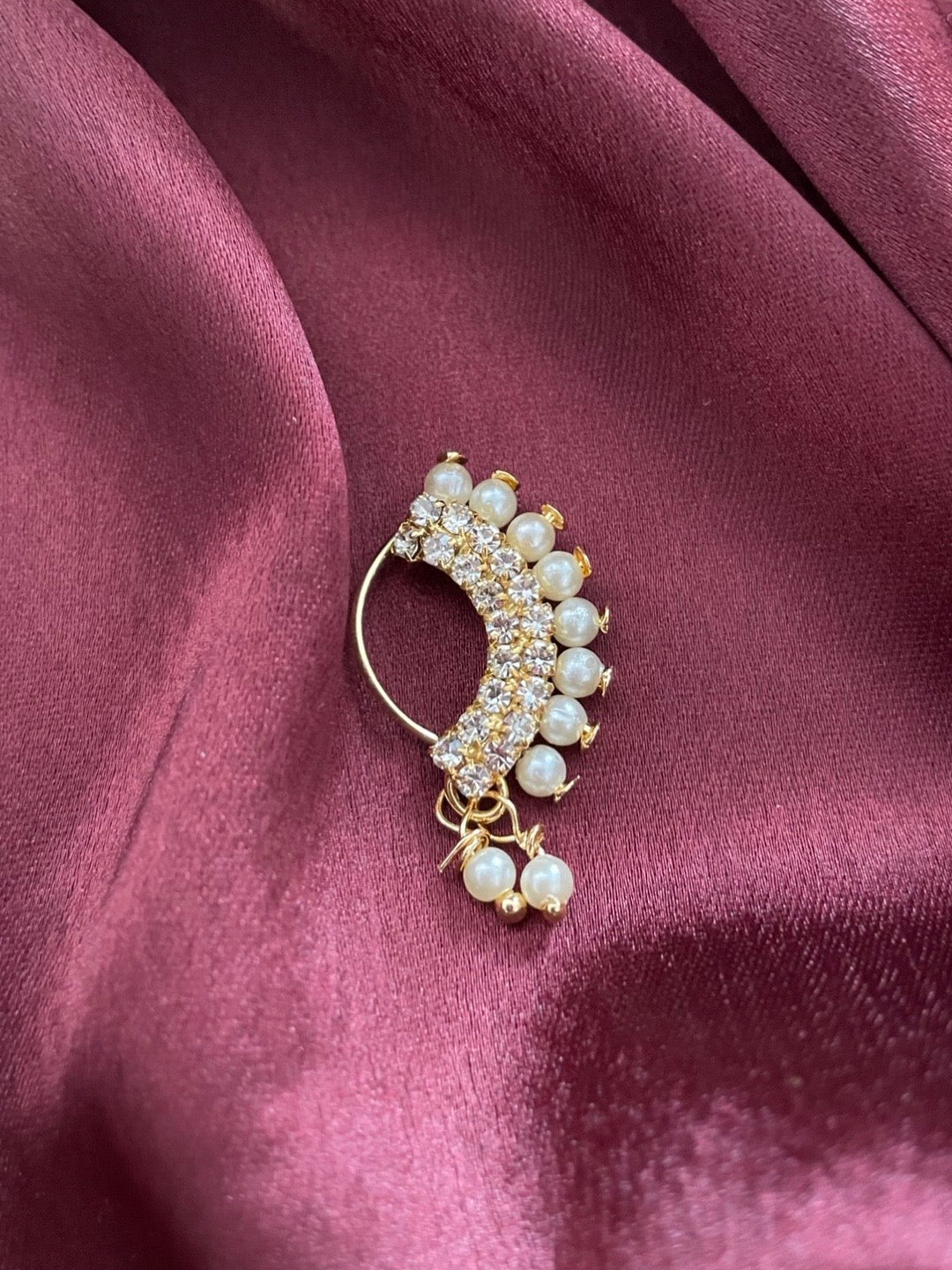 Gold Plated Maharashtrian Nath Nose Pin Gold Beads American Diamond Studded