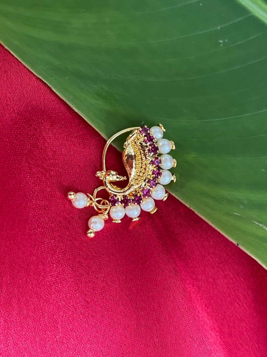 Gold Plated Maharashtrian Nath Peacock Design Nose Pin Red Colour with Pearls