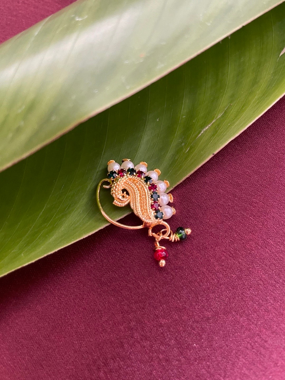 Gold Plated Maharashtrian Nath Peacock Design Nose Pin Red & Green Colour with Pearls