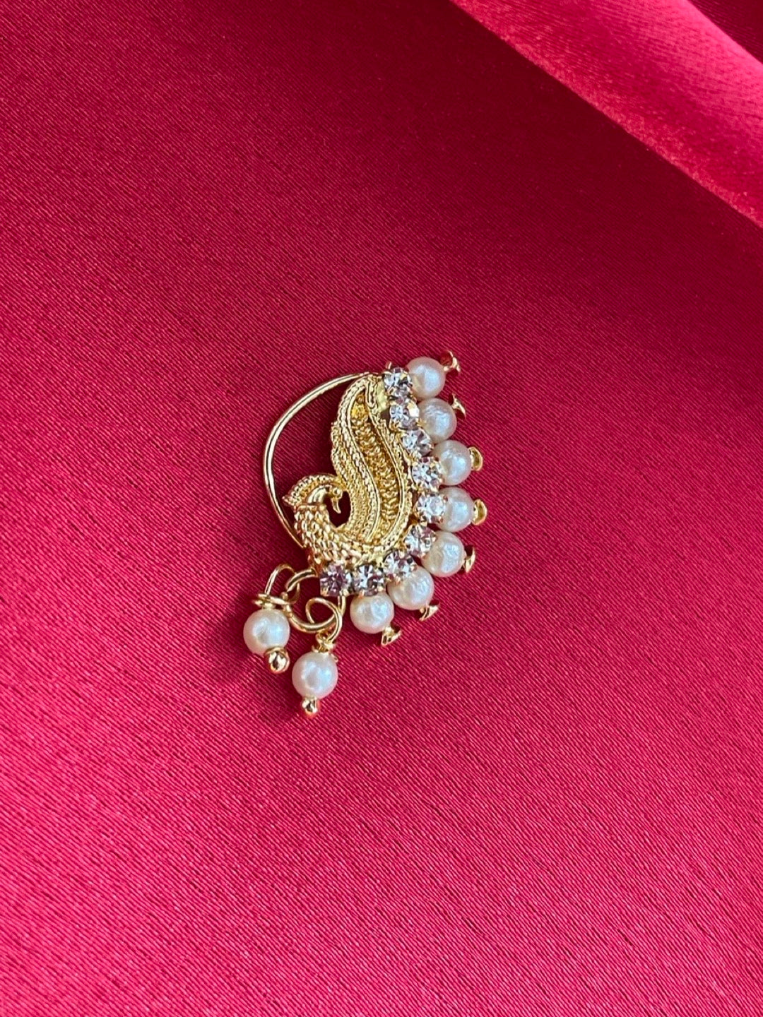 Gold Plated Maharashtrian Nath Nose Pin Gold Beads American Diamond Studded