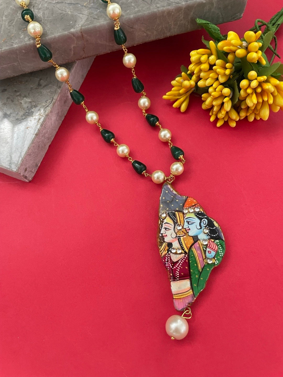Unique Hand-Painted Radha Krishna Pendant Necklace with Green Beads & White Pearls