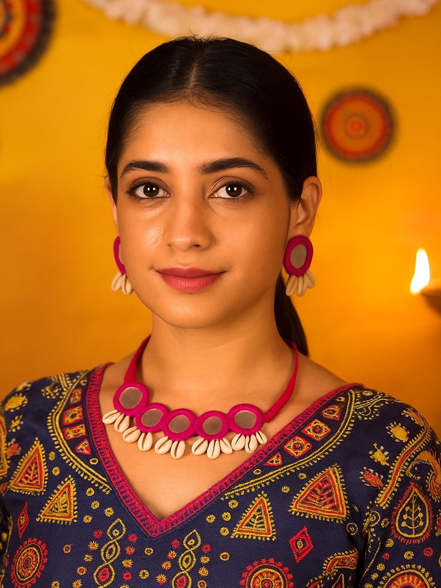 Majenta Embroidery Mirror Work Banjara Choker Necklace & Earring Set With Sea Shells