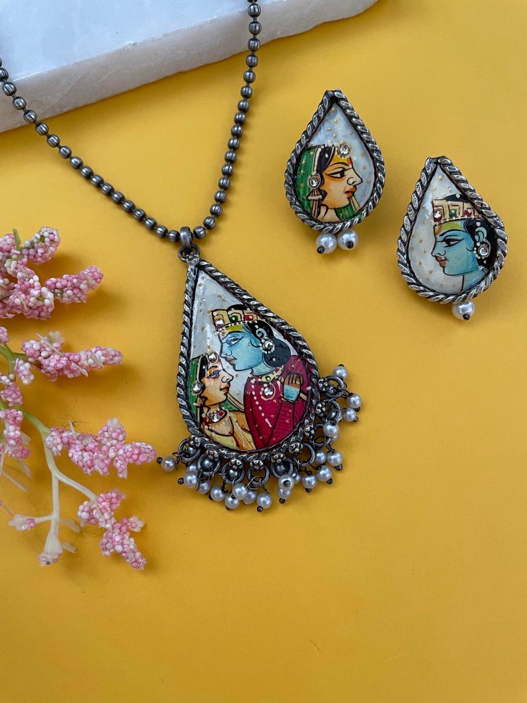Hand-Painted Silver Plated Radha Krishna Pendent & Earring Necklace Set with Pearls