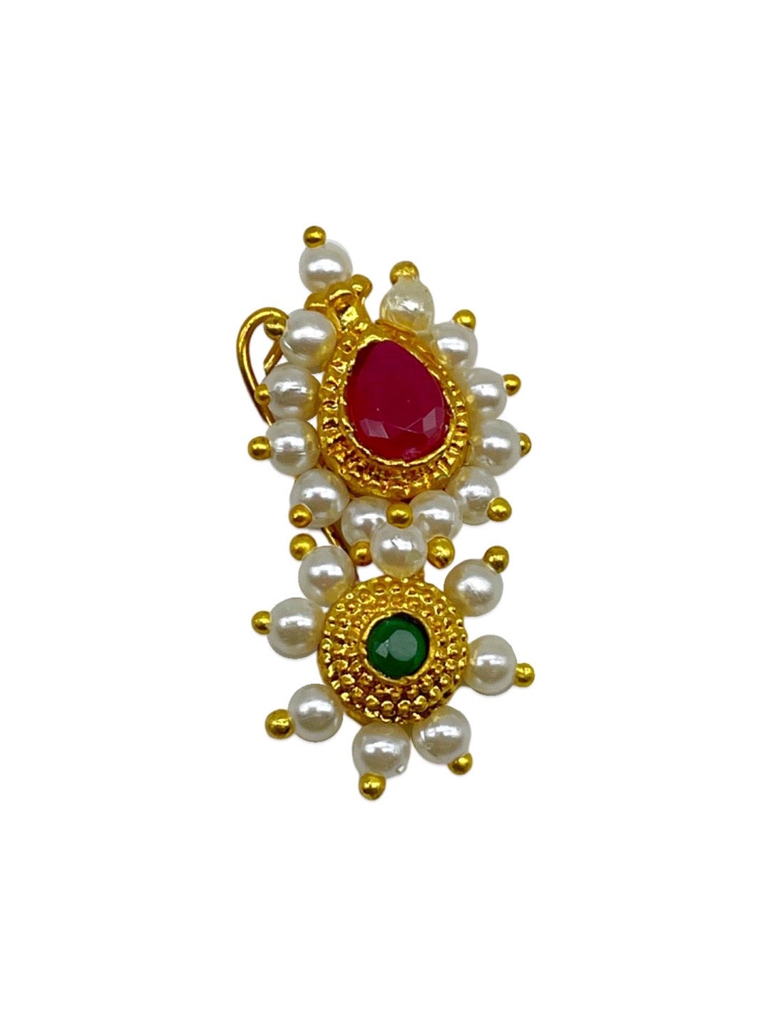 Gold Plated Maharashtrian Nath Nose Pin Red & Green Colour with Pearls