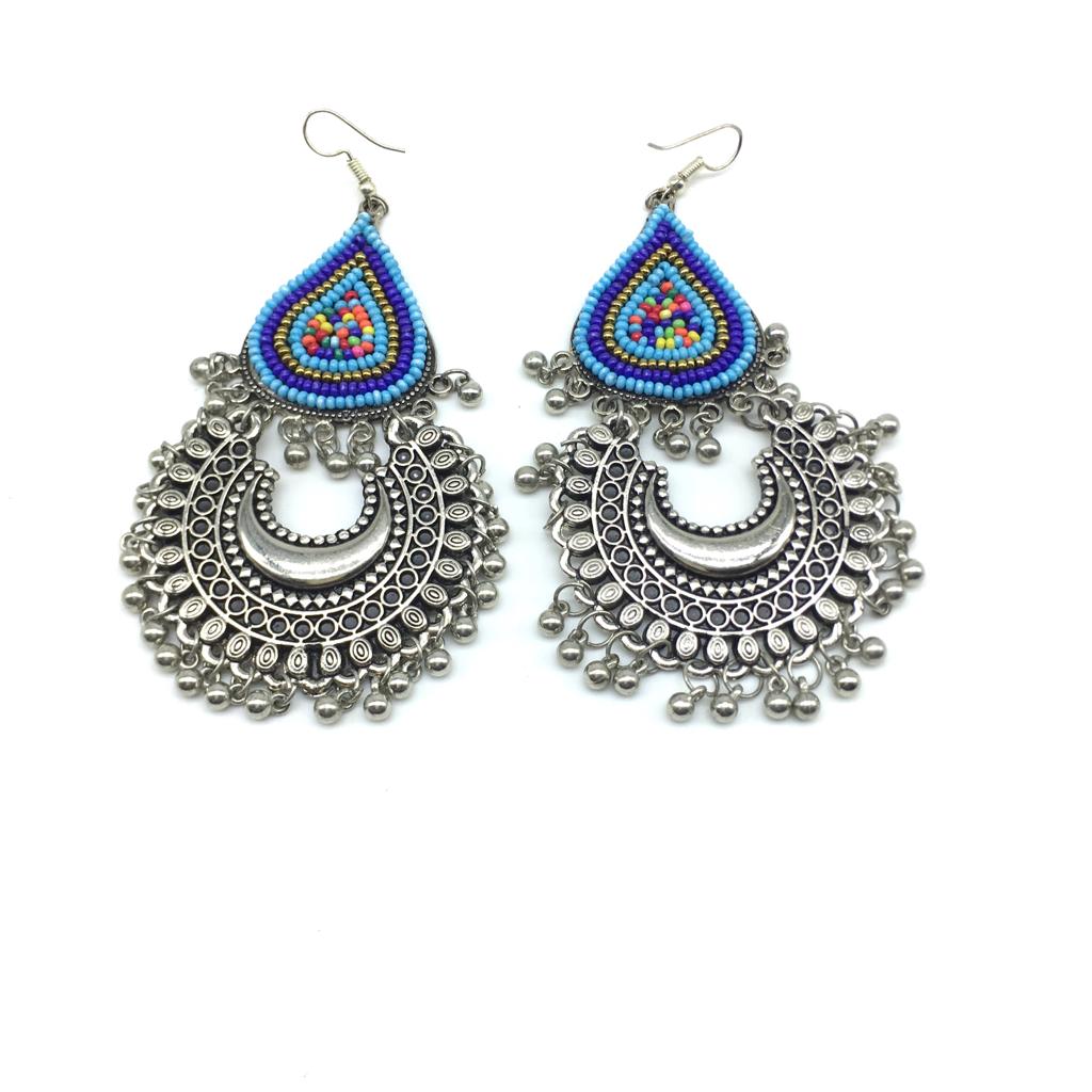 German Oxidized Afghani Silver Chand Multicolor Beads Work Hook Earrings Ghungroo Chandbali Earring for Women Girl