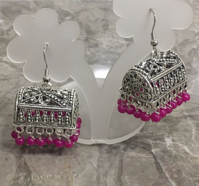 Women Costume/Fashion Jewellery Hand Carved White Oxidised Rectangle Jhumki Earrings With Dangling Beads