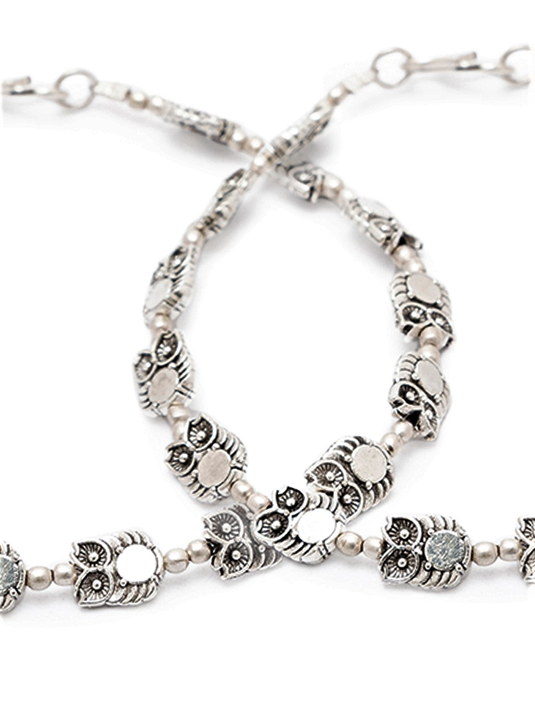 German Oxidised Silver Anklets Owl Engraved Payal with Silver Plating & Beads Design Foot Jewellery